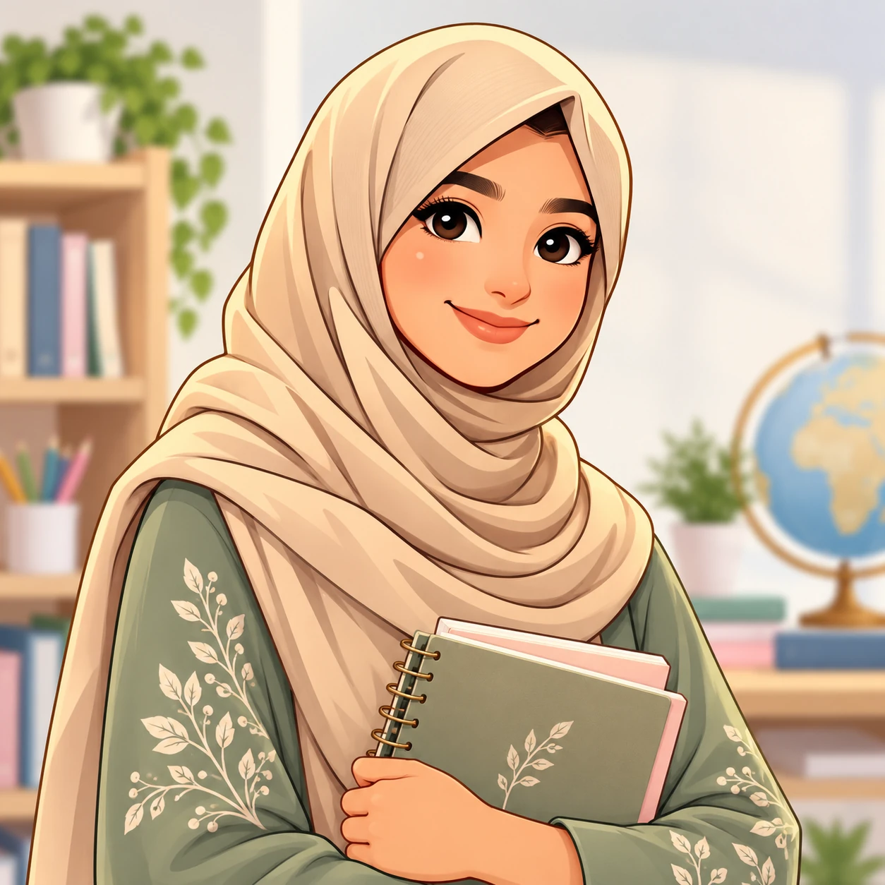 Illustration of Shanzay, a female UK-based Urdu tutor in a beige hijab holding notebooks